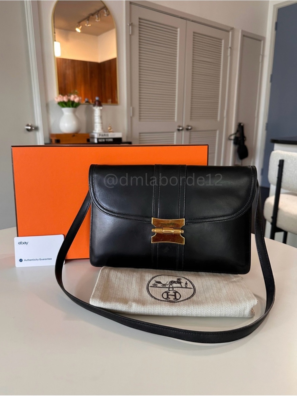 Vintage 1970s Hermès Mephisto Black Shoulder & Clutch Bag W/Box/Dustbag